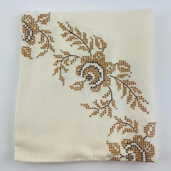 VTG Tablecloth Hand Embroidered CROSS STITCH Cream Brown Floral Neutral Taupe Es - Picture 1 of 16